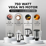 Preethi Zodiac Black Mixer Grinder for Kitchen, 5 Jars 750 Watt Mixie with Chutney Jar, Dry Grinding, Batter Grinding, Juicer & Masterchef Jar for chopping/grating (MG-261) -PRE5782615