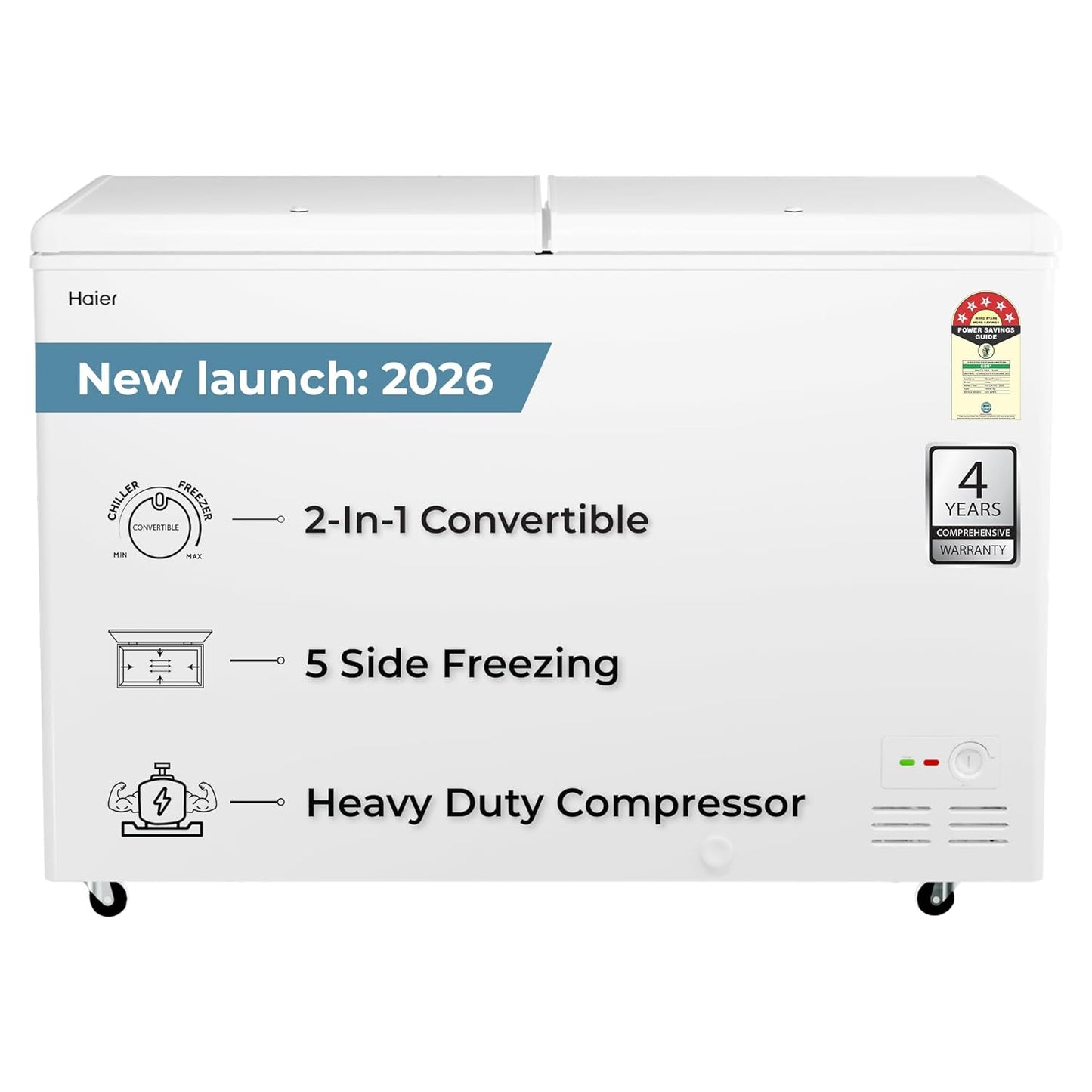 Haier 400L 5-Star Double Door Hard Top Freezer | Dual Condensers | +10 to -26°C Temperature Range | Embossed PCM Inner Liner | 5-Star Energy Rated | 4 Castor Legs for Easy Mobility | 1 Storage Basket-(HFC-410DPW5, White)