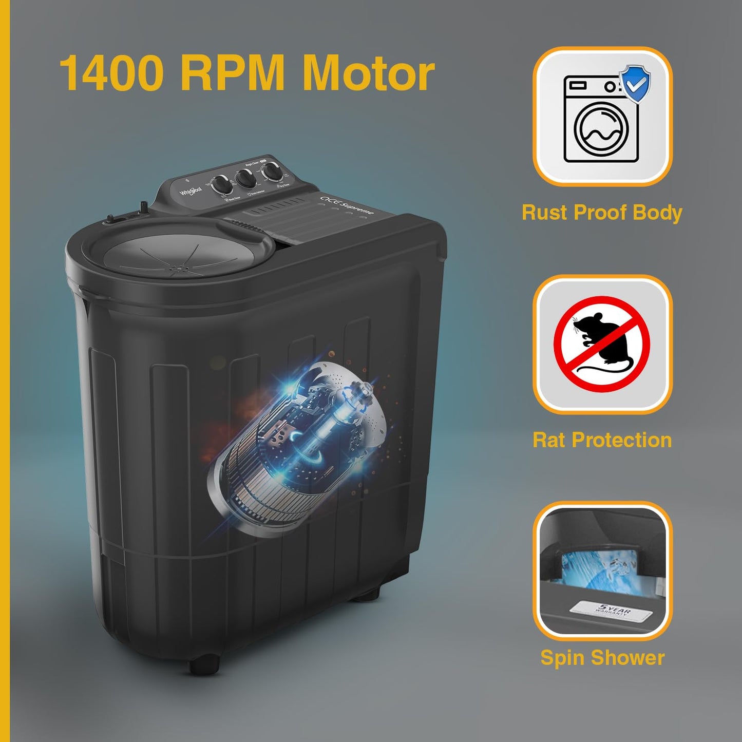 Whirlpool 7.5 Kg 5 Star Ace Supreme Semi-Automatic Top Loading Washing Machine (ACE 7.5 SUPREME, Grey Dazzle, Fast Drying)-30273