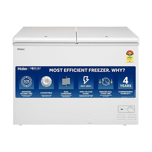 Haier 320 L Double Door Standard Deep Freezer (White, Convertible Freezer, HFC-320DM5, 5 Star)