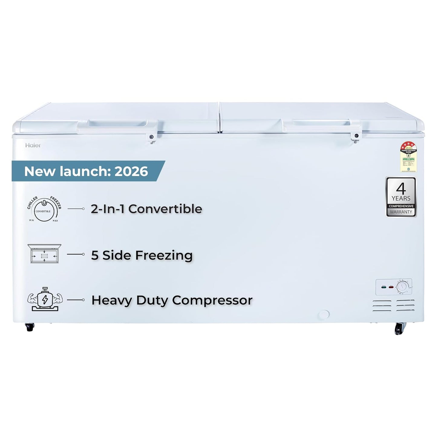 Haier 788L 4-Star Double Door Hard Top Deep Freezer | Convertible Technology | Dual Condensers | +10°C to -26°C Range | Embossed PCM Inner Liner | 6 Castor Legs for Mobility-(HFC-788DPW4, White)
