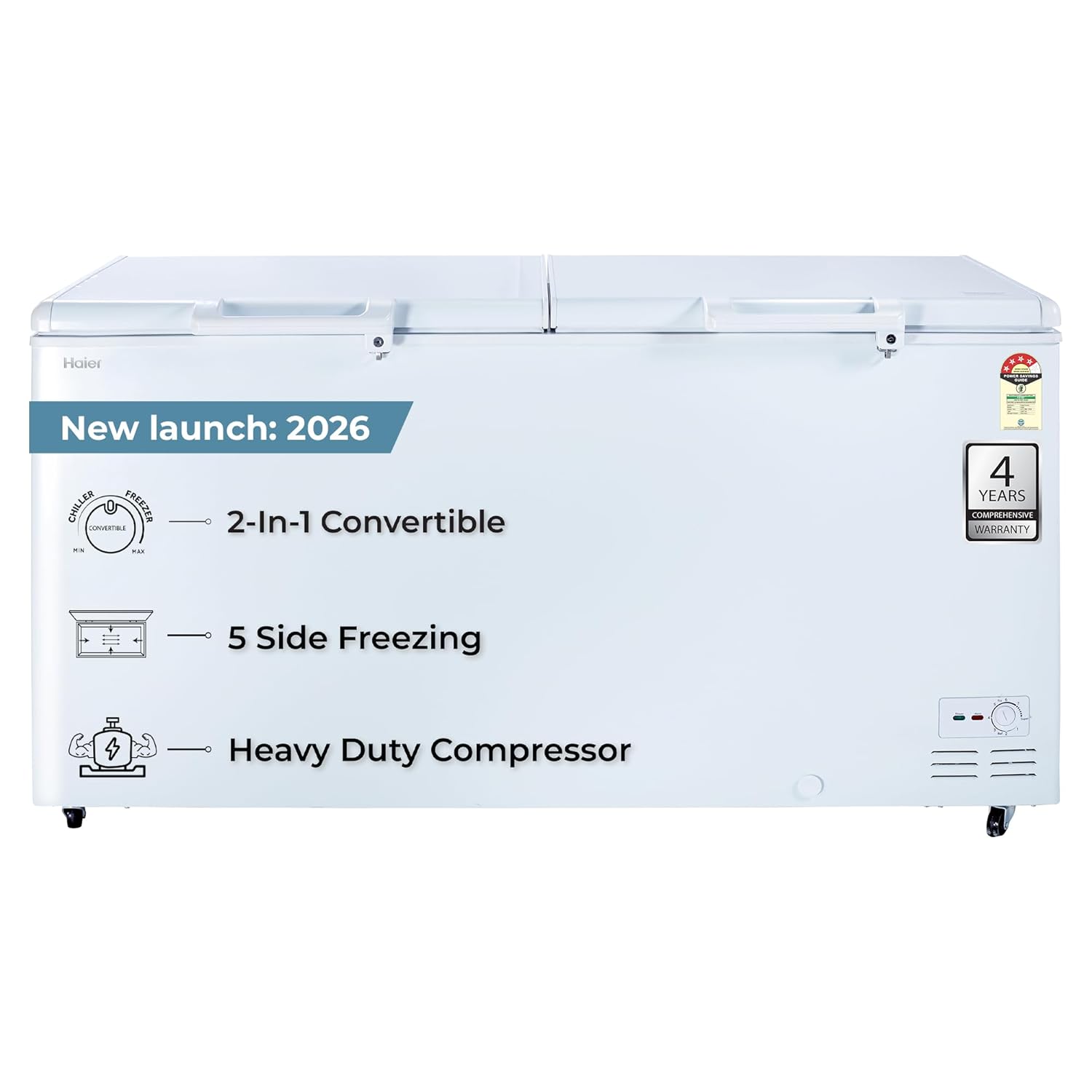 Haier 788L 4-Star Double Door Hard Top Deep Freezer | Convertible Technology | Dual Condensers | +10°C to -26°C Range | Embossed PCM Inner Liner | 6 Castor Legs for Mobility-(HFC-788DPW4, White)