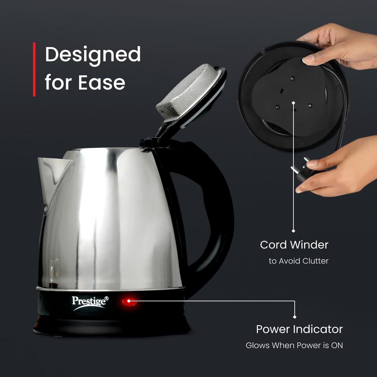 Prestige 1.5 Litres Electric Kettle|1500W | Silver - Black| Automatic Cut-off | Stainless Steel | Rotatable Base | Power Indicator | Single-Touch Lid Locking- PKOSS 1.5-41587