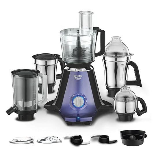 Preethi Zodiac Glitter MG 264, 750 Watt Mixer Grinder, 5 Jars (3 Stainless steel Jars +1 Juicer Jar+1 Master Chef Plus Food processor Jar), Lavender/Black -PRE5782646