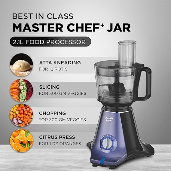Preethi Zodiac Glitter MG 264, 750 Watt Mixer Grinder, 5 Jars (3 Stainless steel Jars +1 Juicer Jar+1 Master Chef Plus Food processor Jar), Lavender/Black -PRE5782646