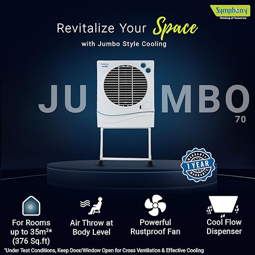 Symphony Jumbo 70 Desert Air Cooler with Free Trolley - 70L, Aspen Cooling Pads, Powerful Fan with Whisper-Quiet Performance, 185W Low Power Consumption, Cool Flow Dispenser, Ideal for Large Rooms (Hot & Dry Climate)