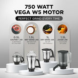 Preethi Zodiac MG-218 mixer grinder, 750 watt, Black/Light Grey, 5 jars - 3 In 1 insta fresh juicer Jar & Master chef food processor Jar, Vega W5 motor with 5yr Warranty & Lifelong Free Service -MG 218