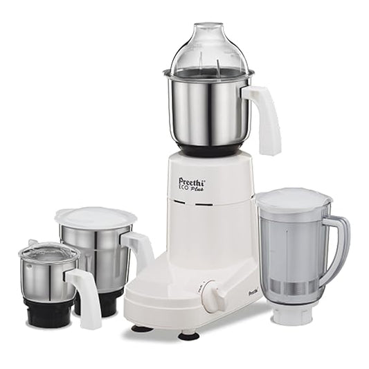 Preethi Eco Plus Mixer Grinder for Kitchen|750 Watt Mixie, 4 jars|Super Extractor juicer Jar| 2 Year Product Warranty| White (MG 157) -PRE5781571