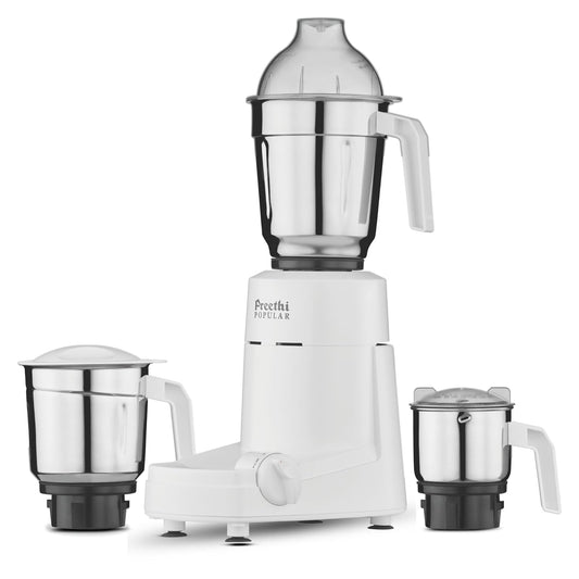 Preethi Popular (MG 142) 750W Mixer Grinder - White, 3 Stainless Steel Jars, 1.75L Liquidizing Capacity, Shock Resistant ABS Body, 20000 RPM Motor, Includes Super Extractor & Multi-Function Blades for Grinding, Blending, Juicing & Mincing-MG 142