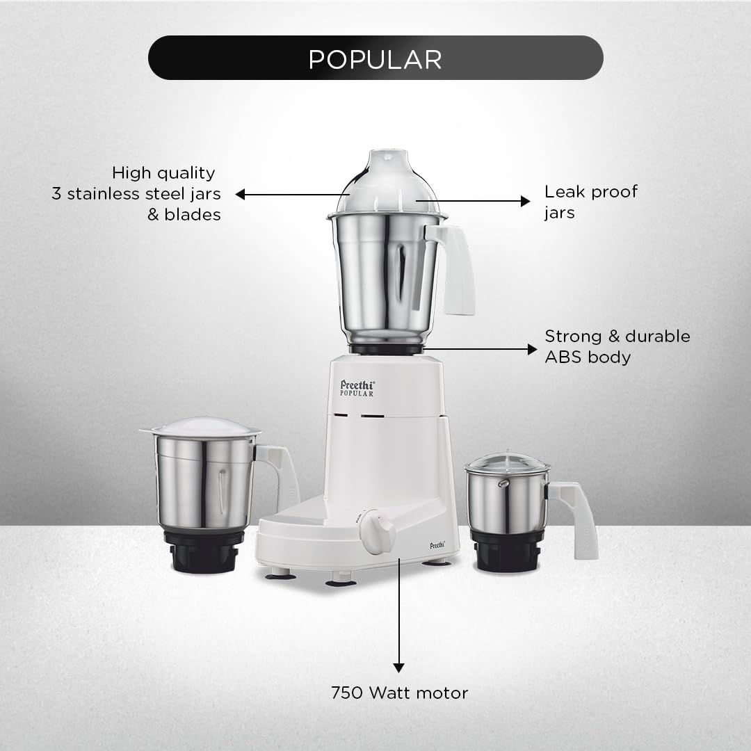 Preethi Popular (MG 142) 750W Mixer Grinder - White, 3 Stainless Steel Jars, 1.75L Liquidizing Capacity, Shock Resistant ABS Body, 20000 RPM Motor, Includes Super Extractor & Multi-Function Blades for Grinding, Blending, Juicing & Mincing-MG 142