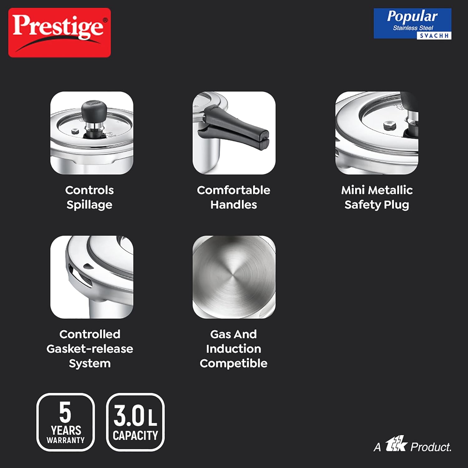 Prestige Popular Svachh Spillage Control Stainless Steel Pressure Cooker, 3 L (Silver)-20172
