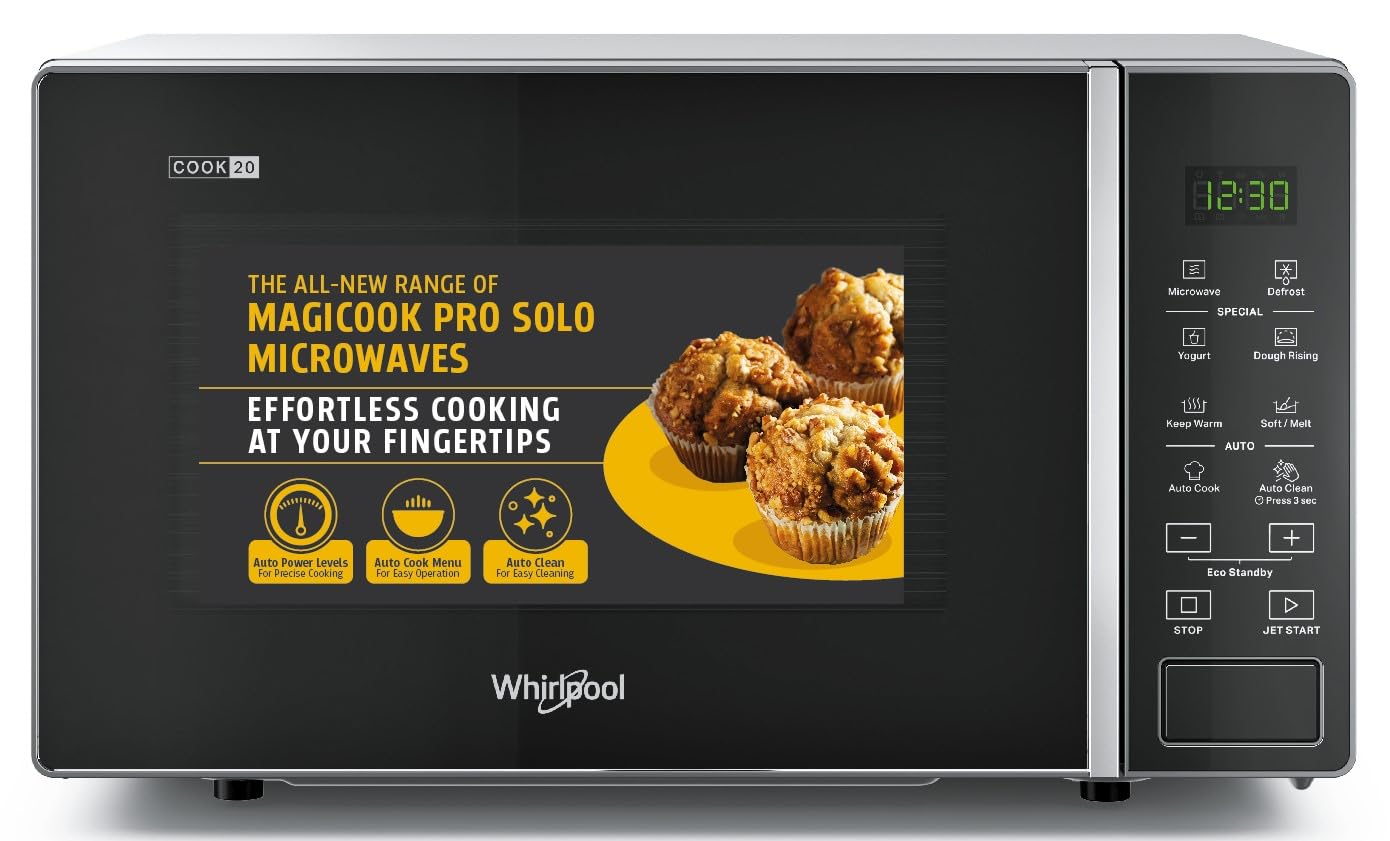 Whirlpool Magicook Pro 20SE 20L Solo Microwave Oven (Black, Stainless Steel Cavity, Mechanical Knob Control, Steam Clean, 700W)-50047