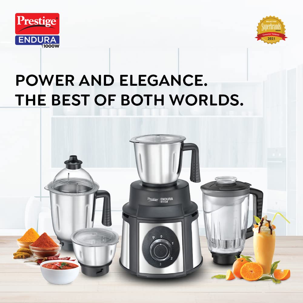 Prestige Endura 1000 W Juicer Mixer Grinder  (mixer | 4 Jars | Black, Silver)-42545