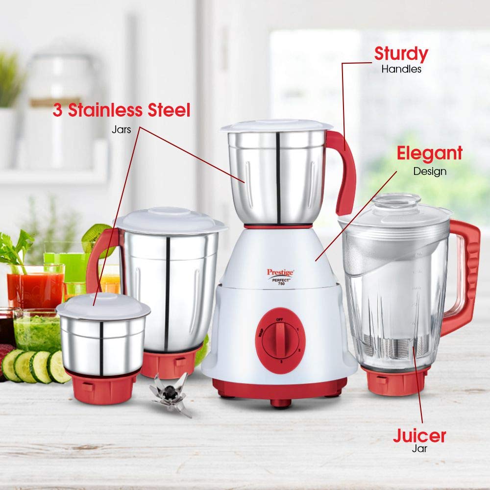 Prestige Perfect Plus 750W Mixer Grinder, Red - Stylish and Powerful Motor, Stainless Steel Jars, 1.5L Capacity, Knob Control |Reliable Kitchen Companion from TTK Prestige- Model: 42511