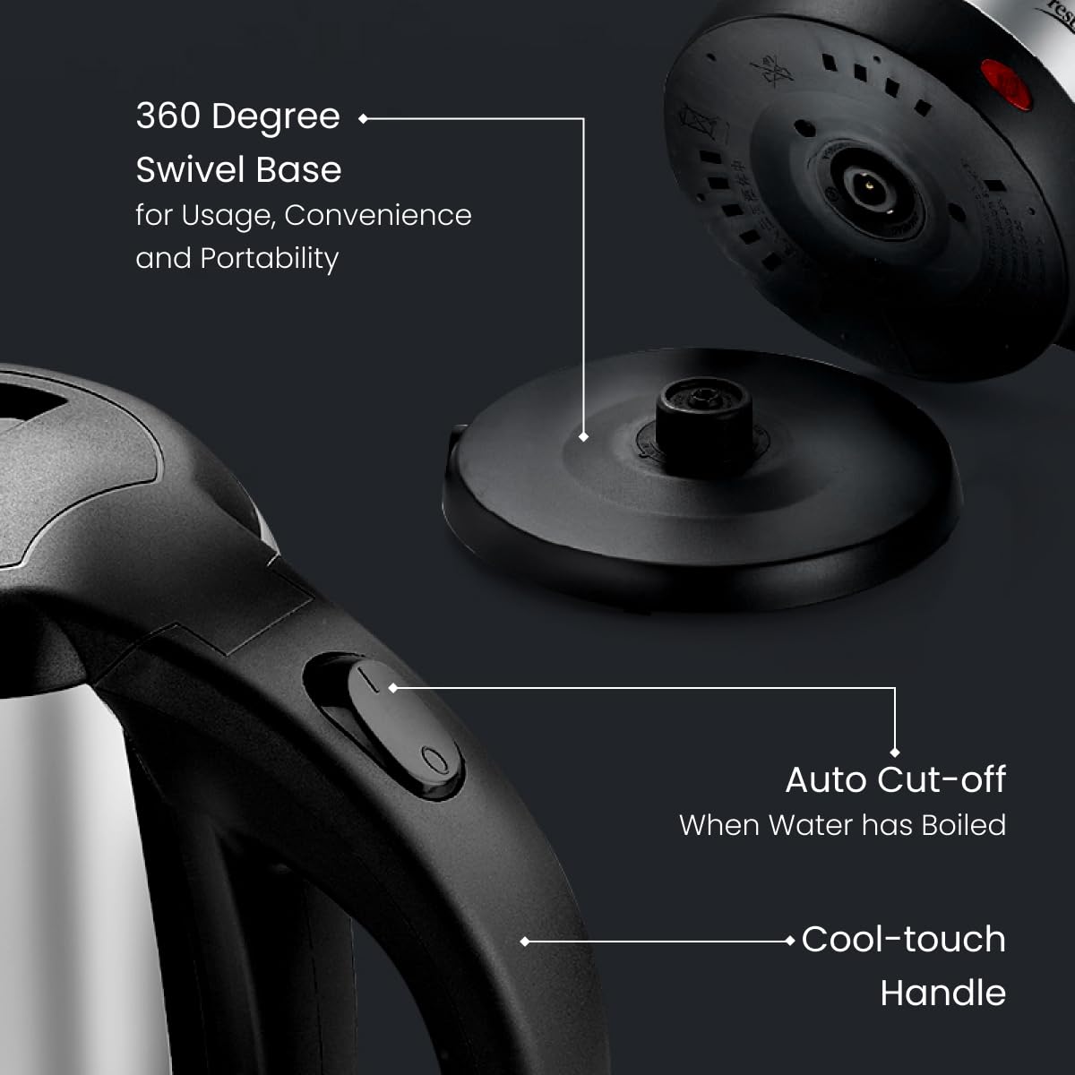 Prestige 1.5 Litres Electric Kettle|1500W | Silver - Black| Automatic Cut-off | Stainless Steel | Rotatable Base | Power Indicator | Single-Touch Lid Locking- PKOSS 1.5-41587