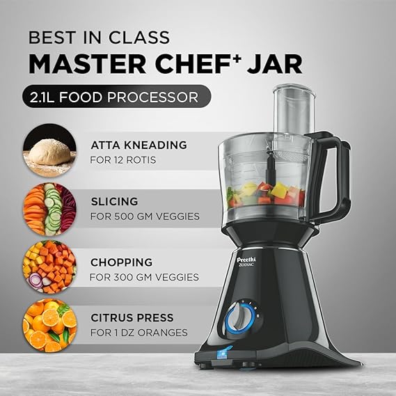 Preethi Zodiac MG-218 mixer grinder, 750 watt, Black/Light Grey, 5 jars - 3 In 1 insta fresh juicer Jar & Master chef food processor Jar, Vega W5 motor with 5yr Warranty & Lifelong Free Service -MG 218