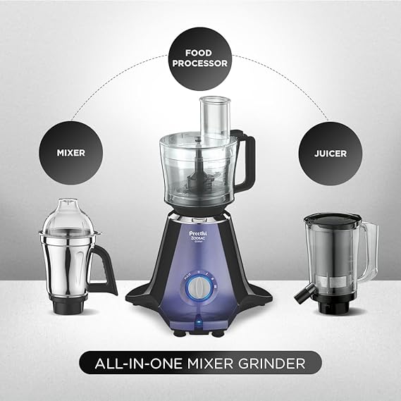 Preethi Zodiac Glitter MG 264, 750 Watt Mixer Grinder, 5 Jars (3 Stainless steel Jars +1 Juicer Jar+1 Master Chef Plus Food processor Jar), Lavender/Black -PRE5782646