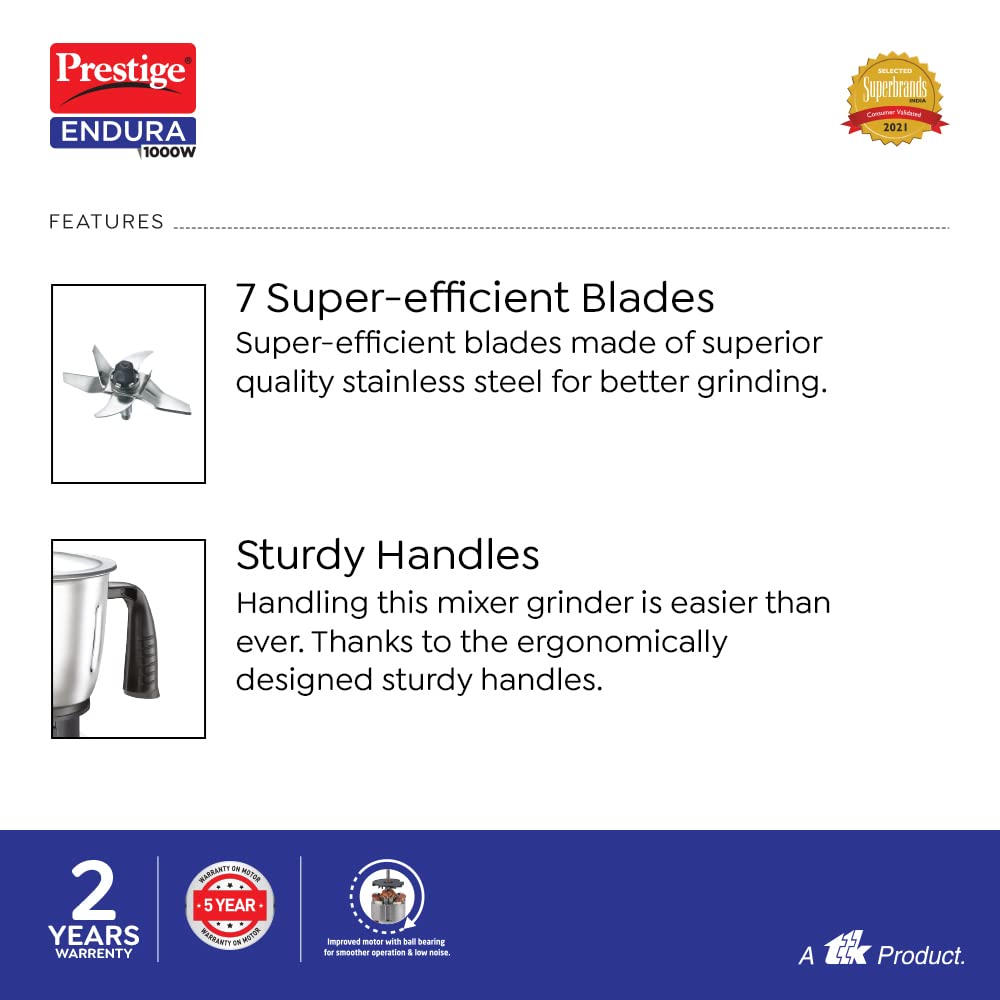 Prestige Endura 1000 W Juicer Mixer Grinder  (mixer | 4 Jars | Black, Silver)-42545