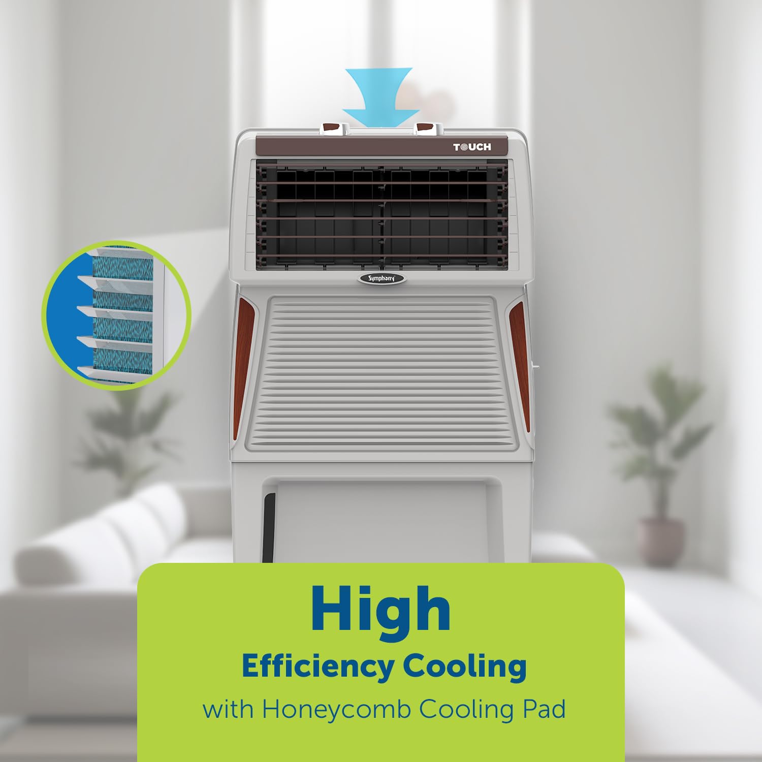 Symphony Touch 40 Room Air Cooler | High Efficiency Cooling | 185W | CFD Technology | 40L | Fully Closable Louvers | Manual Mode | Air Cooler with Wheels For Easy Mobility | White (TOUCH40)