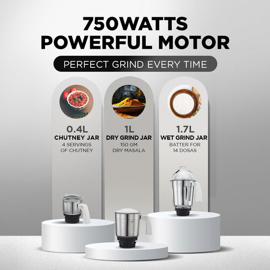 Preethi Popular (MG 142) 750W Mixer Grinder - White, 3 Stainless Steel Jars, 1.75L Liquidizing Capacity, Shock Resistant ABS Body, 20000 RPM Motor, Includes Super Extractor & Multi-Function Blades for Grinding, Blending, Juicing & Mincing-MG 142