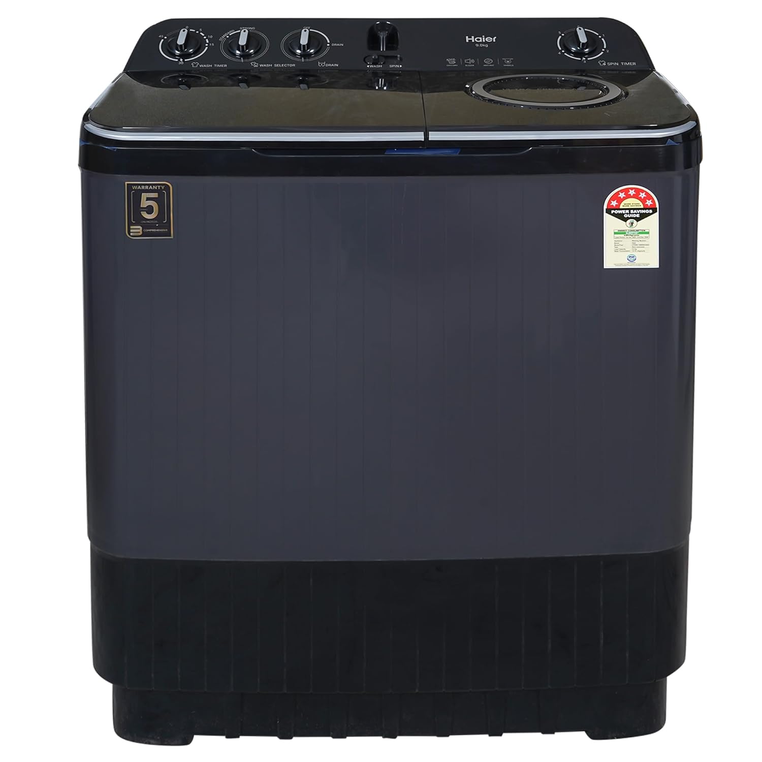 Haier 9kg Semi-Automatic Top Load Washing Machine | 1300 RPM High Speed Spin | Vortex Pulsator | Protective Rat Mesh | 3 Wash Programs | Durable Plastic Drum | Energy Efficient Large Capacity Washer-(HTW90-196BBK, Black)