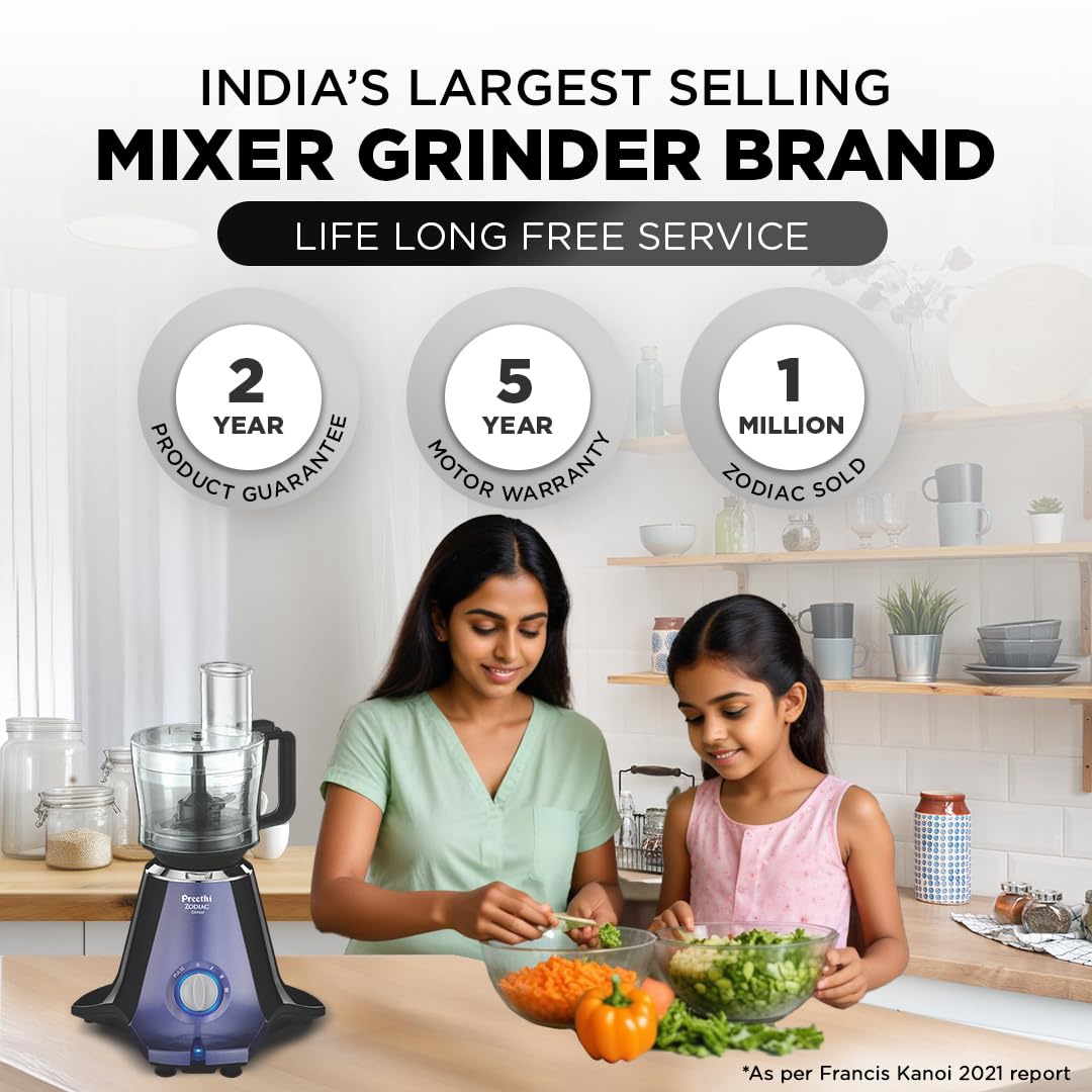 Preethi Zodiac Glitter MG 264, 750 Watt Mixer Grinder, 5 Jars (3 Stainless steel Jars +1 Juicer Jar+1 Master Chef Plus Food processor Jar), Lavender/Black -PRE5782646