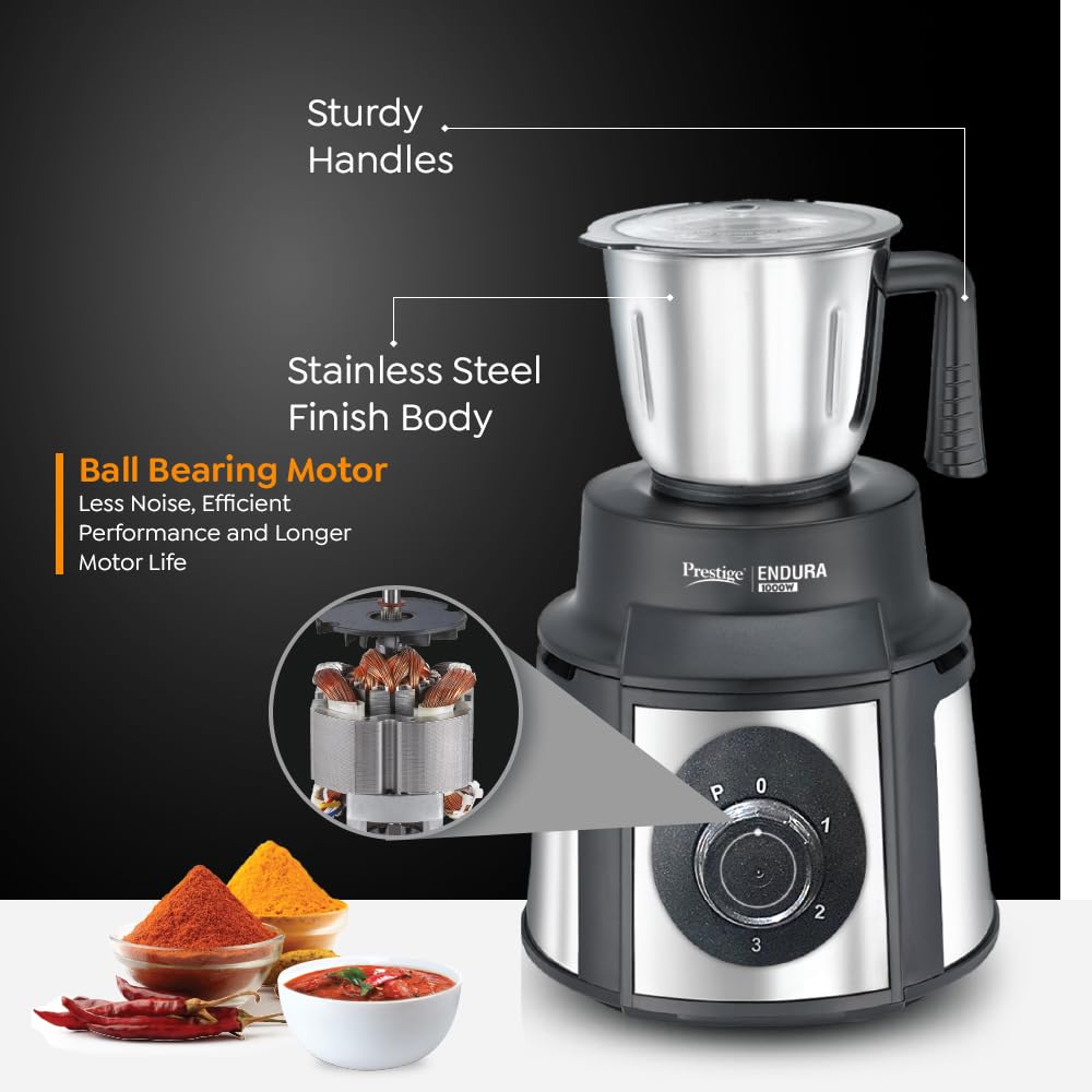 Prestige Endura 1000W Mixer Grinder with Ball Bearing Technology|Stainless Steel 3 Jars with Flow breakers|Overload protection|Black & Silver-42572