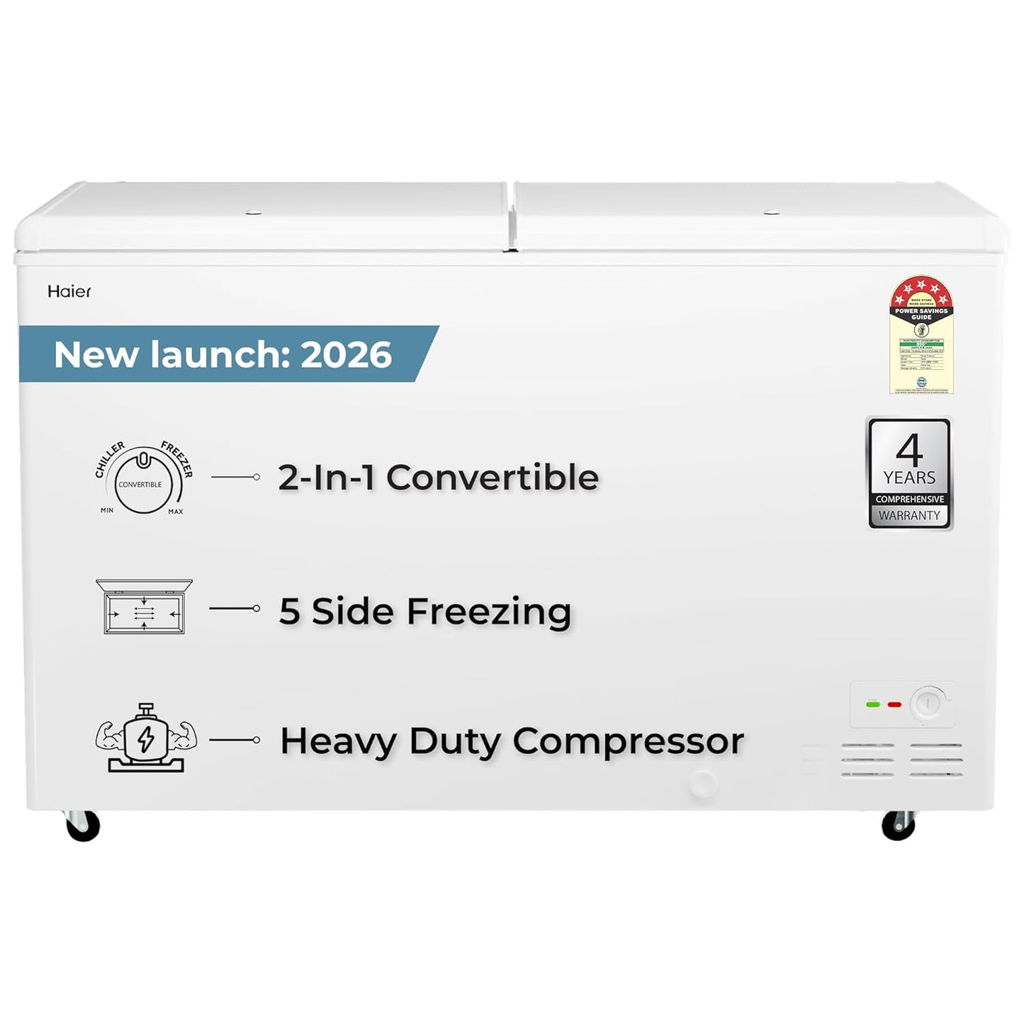 Haier 588L 5-Star Double Door Hard Top Deep Freezer | Dual Condensers | +10°C to -26°C Temperature Range | Embossed PCM Inner Liner | R-290a Refrigerant | 5-Star Energy Rated | 4 Castor Legs | 2 Baskets-(HFC-588DPW5, White)