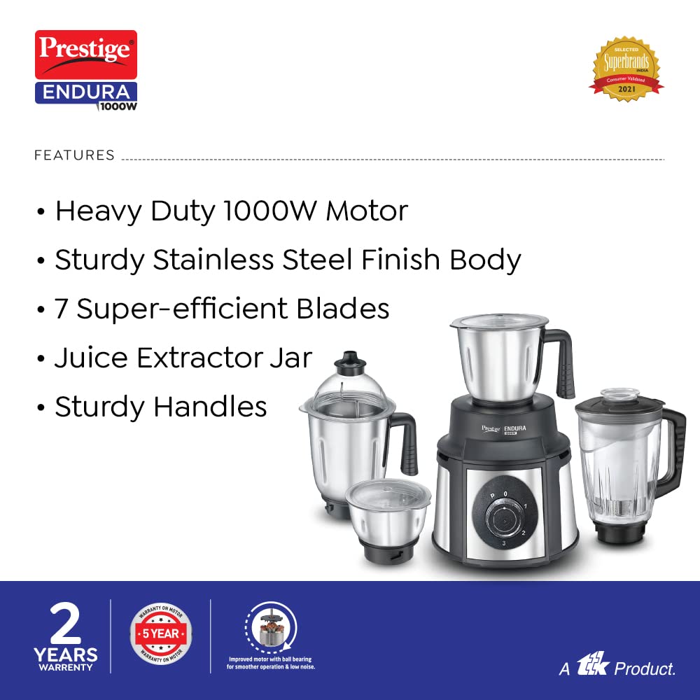 Prestige Endura 1000 W Juicer Mixer Grinder  (mixer | 4 Jars | Black, Silver)-42545
