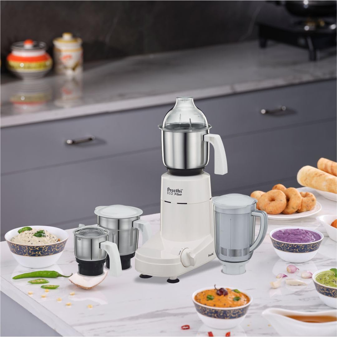 Preethi Eco Plus Mixer Grinder for Kitchen|750 Watt Mixie, 4 jars|Super Extractor juicer Jar| White (MG 157) -PRE5781571