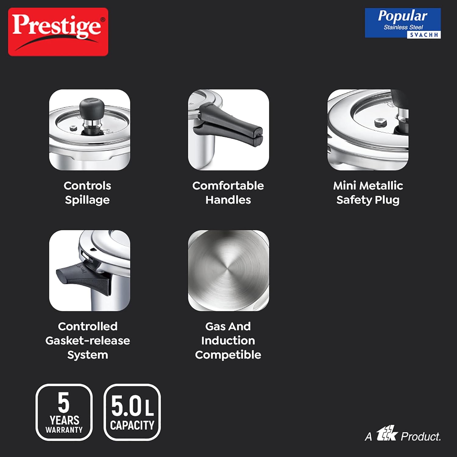 Prestige Popular Svachh Spillage Control Stainless Steel Outer Lid Pressure Cooker, 5 L (Silver)-20173