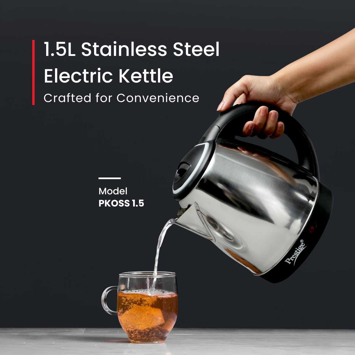 Prestige 1.5 Litres Electric Kettle|1500W | Silver - Black| Automatic Cut-off | Stainless Steel | Rotatable Base | Power Indicator | Single-Touch Lid Locking- PKOSS 1.5-41587