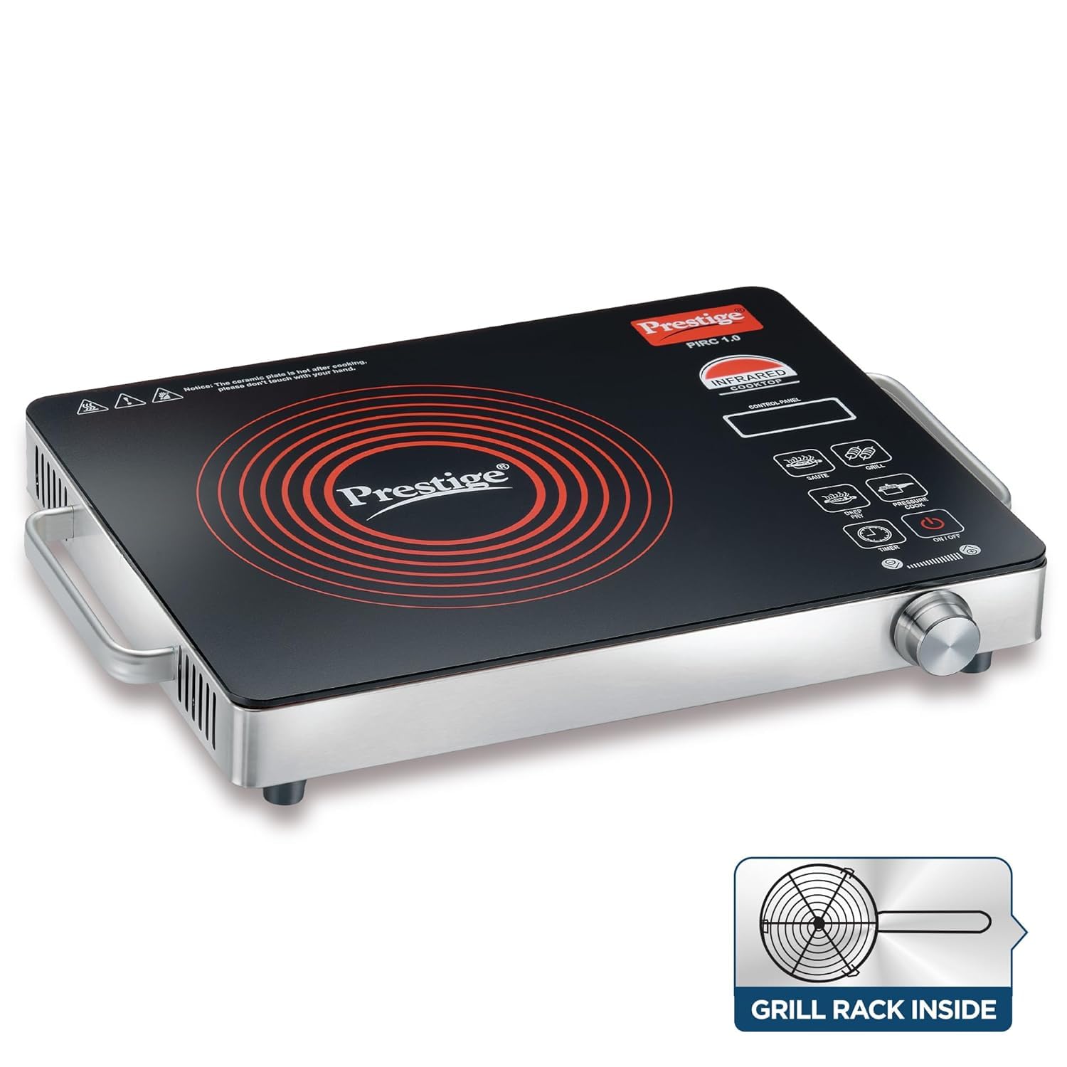 Prestige Infrared Cooktop PIRC 1.0 (2200W, Black) | Advanced Radiant Heating & Adjustable Temperature Control | Compatible with All Metal Cookware | Indian Preset Menu, Timer & Touch Panel | Sleek Stainless Steel Design-41136
