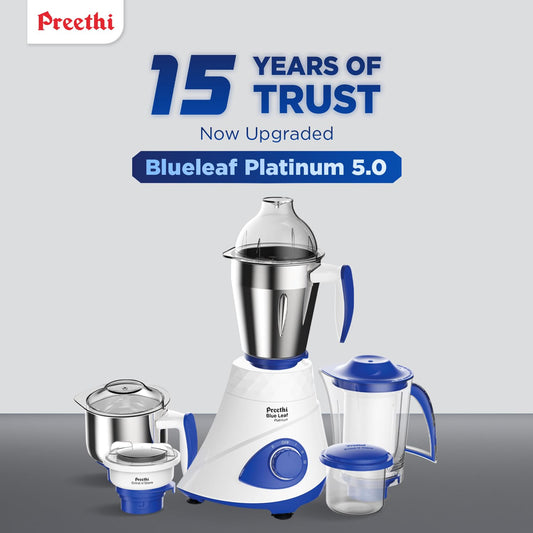 Preethi Blue Leaf Platinum MG 139 mixer grinder, 750 watt, White, 4 jars - Super Extractor juicer Jar & Storage Air-Tight Container, FBT motor with 5yr Warranty & Lifelong Free Service, Standard -PRE5781397