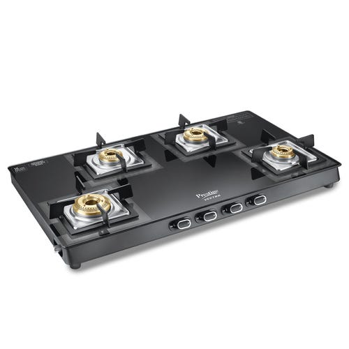 Prestige Vectra 4 Burner Glasstop Gas Stove|Superior Toughened Glass|Jumbo Brass Burner|3-Way Gas Inlet|360 Degree Revolving Nozzle -40591