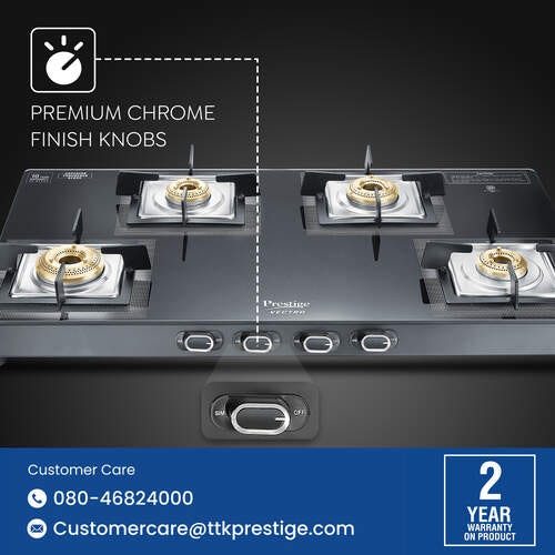 Prestige Vectra 4 Burner Glasstop Gas Stove|Superior Toughened Glass|Jumbo Brass Burner|3-Way Gas Inlet|360 Degree Revolving Nozzle -40591