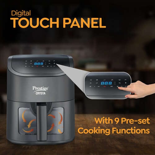 Prestige Crysta 4.5L Digital Air Fryer (1600W) with See-Through Window | 9 Preset Menus, Touch Control, Non-Stick Frying Basket & Safety Interlock | Includes Food-Grade Oil Brush, Ideal for Baking, Grilling, Roasting-41409