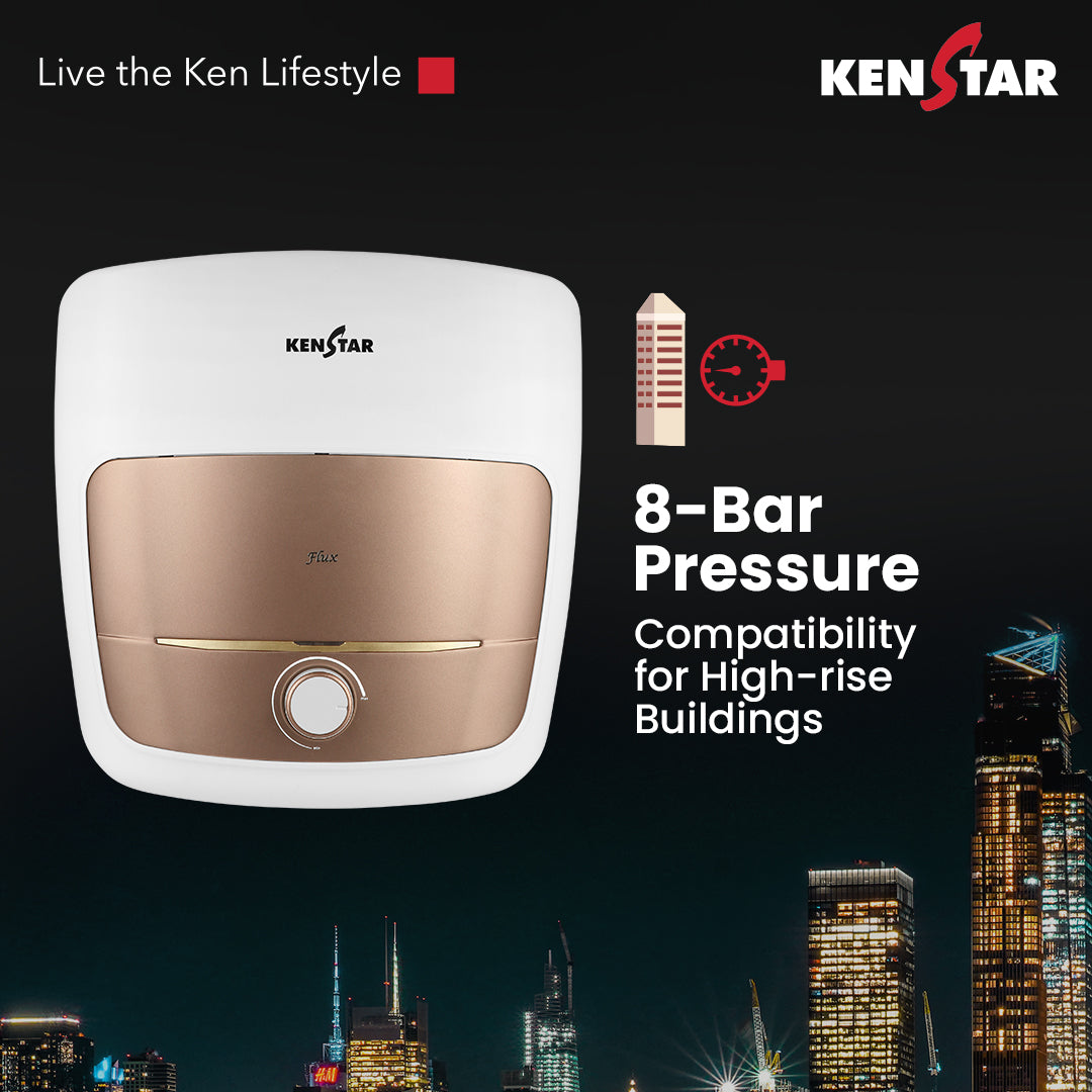 KENSTAR Flux 10L Storage Water Heater (Geyser) with German Blue Sapphire Technology | 8 Bar Pressure | SwirlHeat for 20% More Hot Water | PUF Insulation & 7-Level Safety Shield | Vertical Mount