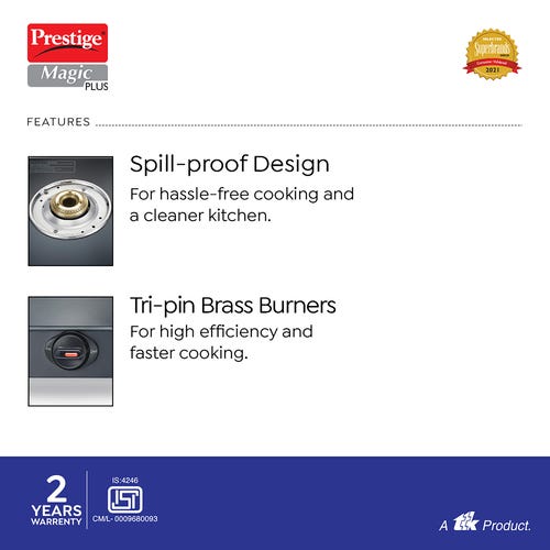 Prestige Magic Plus GTMP 02 Glass Manual Gas Stove  (2 Burners)-40398