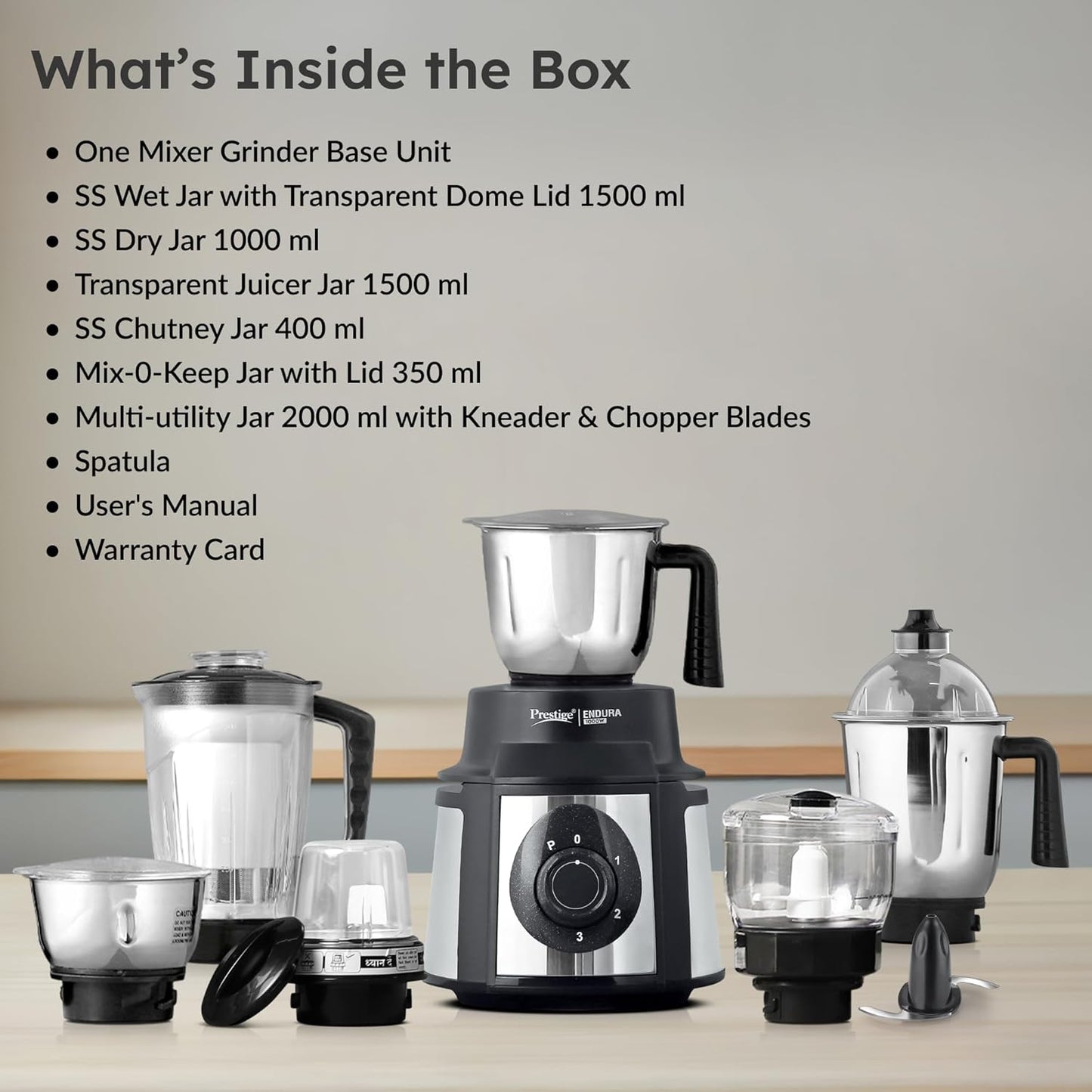 Prestige 1000 Watt Endura Mixer Grinder,6 Jars (3 Stainless Steel Jar + 1 Juicer Jar, 1 Mix-O-Keep Jar, 1 Multi-utility Jar), Black |Sturdy Stainless Steel Body|7-Efficient Stainless Steel Blades-42535