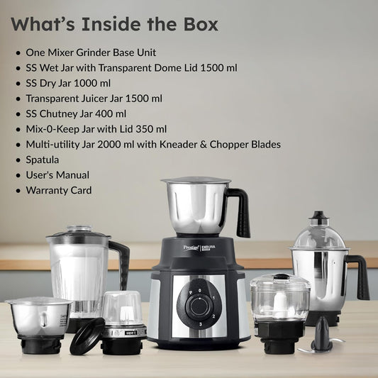 Prestige 1000 Watt Endura Mixer Grinder,6 Jars (3 Stainless Steel Jar + 1 Juicer Jar, 1 Mix-O-Keep Jar, 1 Multi-utility Jar), Black |Sturdy Stainless Steel Body|7-Efficient Stainless Steel Blades-42535