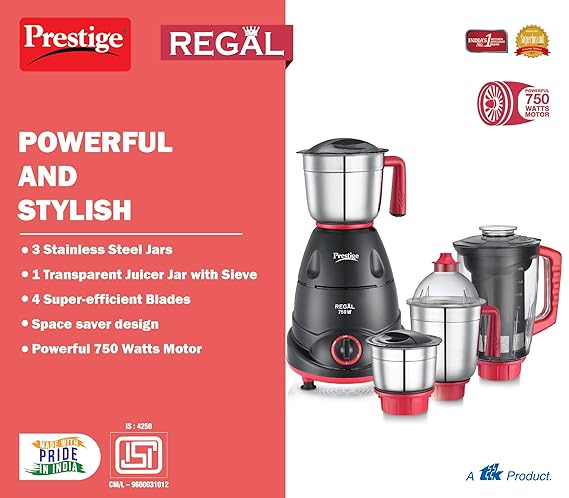 Prestige Regal Mixer Grinder 750 W Mixer Grinder  (41384 | 4 Jars | Red And Black)-41384