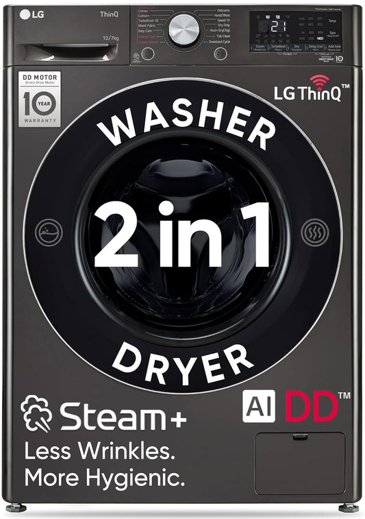 LG 12/7 Kg Wi-Fi Inverter Front Load Washer Dryer with AI DD, TurboWash 360 & Steam+ Technology, Platinum Black- FHD1207STB