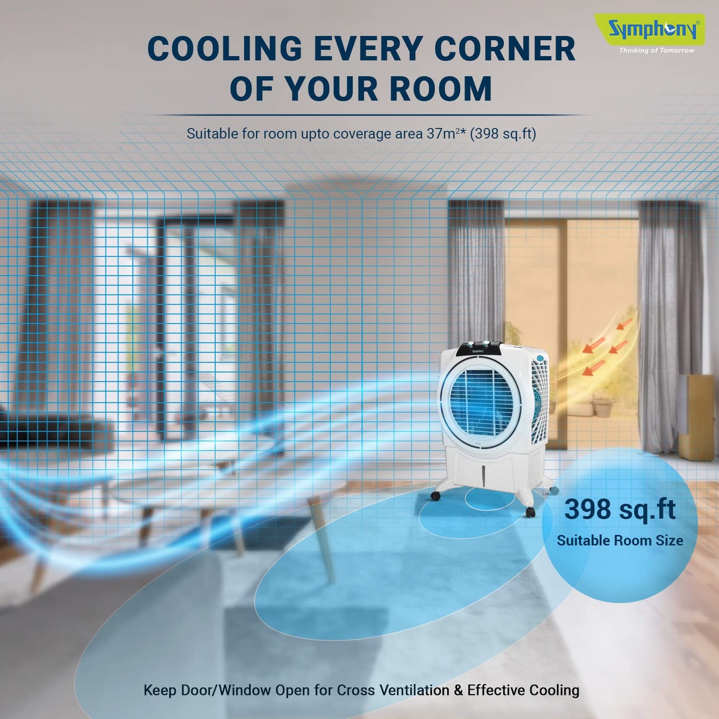 Symphony Powerful Desert Air Cooler, 75L Water Tank Capacity, Honeycomb Cooling Pads, Cool Flow Dispenser, Auto Louver Movement, High-Speed Fan-Sumo 75 XL