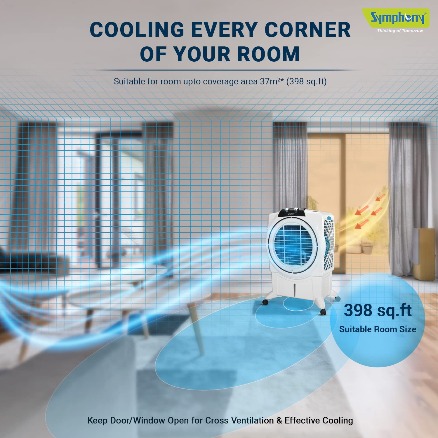 Symphony Powerful Desert Air Cooler, 75L Water Tank Capacity, Honeycomb Cooling Pads, Cool Flow Dispenser, Auto Louver Movement, High-Speed Fan-Sumo 75 XL