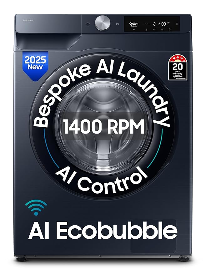Samsung 9 kg, 5 star, AI EcoBubble, Super Speed, Wi-Fi, Hygiene Steam with Inbuilt Heater, Digital Inverter, Fully-Automatic Front Load Washing Machine (WW90DG5U24ASTL, Navy)