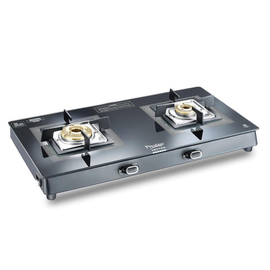 Prestige Vectra 2 Burner Glasstop Gas Stove|Superior Toughened Glass|Jumbo Brass Burner|3-Way Gas Inlet|360 Degree Revolving Nozzle|5 Years Warranty on Glass|Black-(40589)