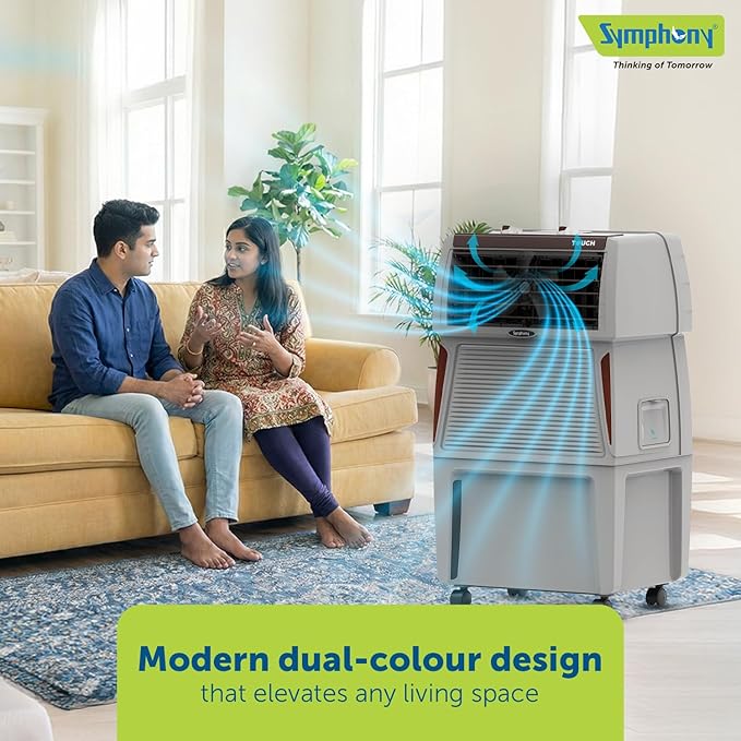 Symphony Touch 40 Room Air Cooler | High Efficiency Cooling | 185W | CFD Technology | 40L | Fully Closable Louvers | Manual Mode | Air Cooler with Wheels For Easy Mobility | White (TOUCH40)