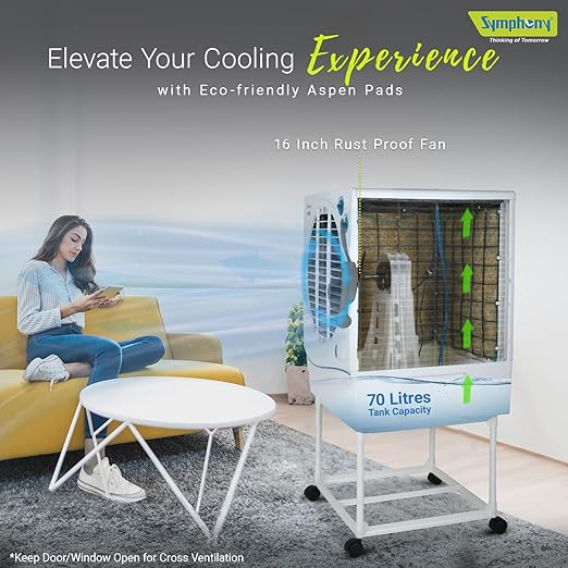 Symphony Jumbo 70 Desert Air Cooler with Free Trolley - 70L, Aspen Cooling Pads, Powerful Fan with Whisper-Quiet Performance, 185W Low Power Consumption, Cool Flow Dispenser, Ideal for Large Rooms (Hot & Dry Climate)