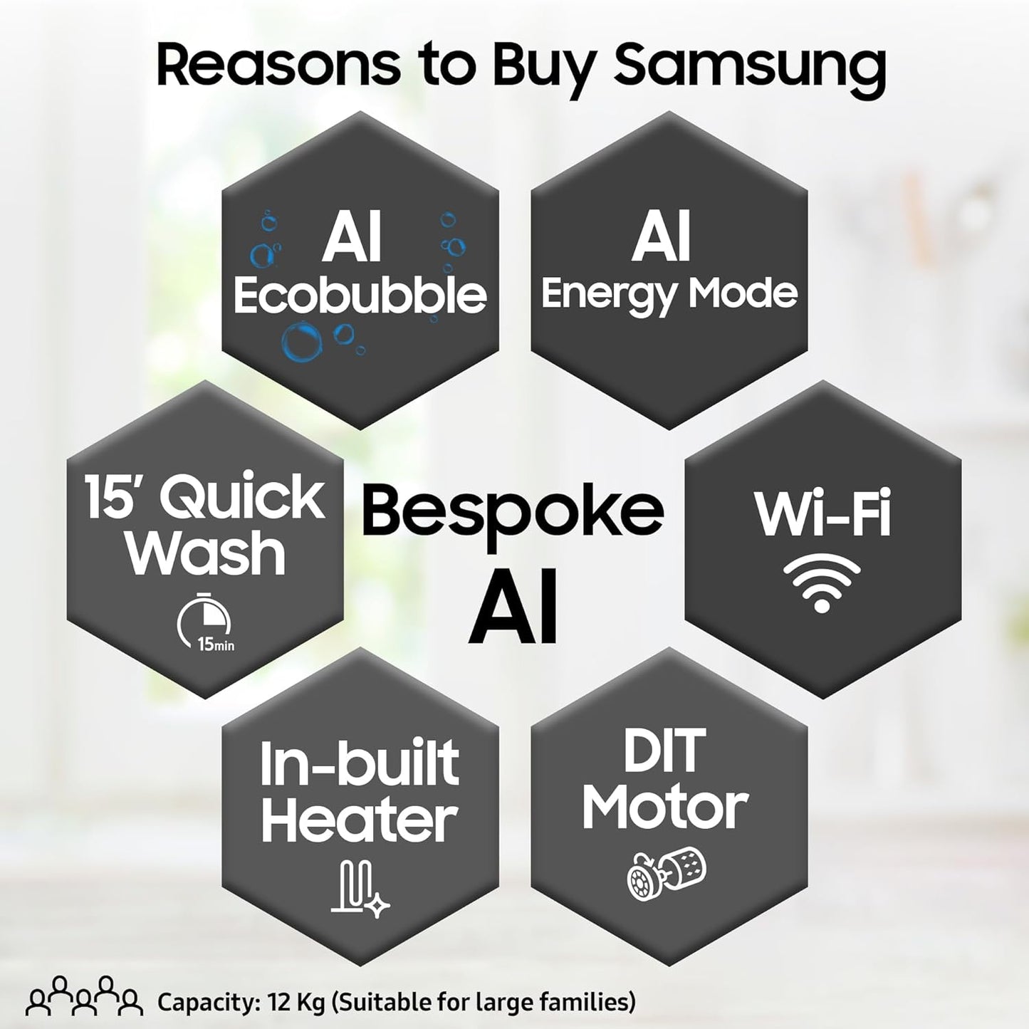 Samsung 9 kg, 5 star, AI EcoBubble, Super Speed, Wi-Fi, Hygiene Steam with Inbuilt Heater, Digital Inverter, Fully-Automatic Front Load Washing Machine (WW90DG5U24ABTL, Black)
